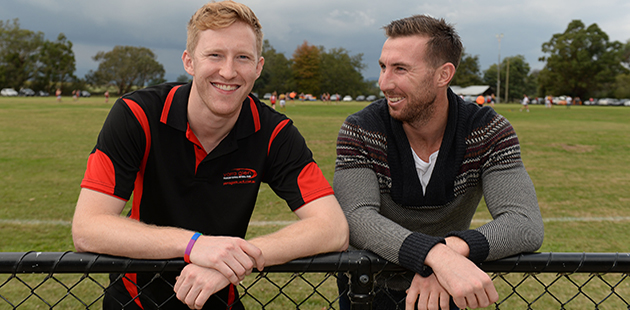 Jason Ball with Carlton player Brock McLean before the game between traditional rivals Yarra Glen and Yarra Junction from the Yarra Valley Mountain District Football Netball League go head to head in the inaugural Pride Cup. 3rd of May 2014. The Sunday Age, Photo MAL FAIRCLOUGH