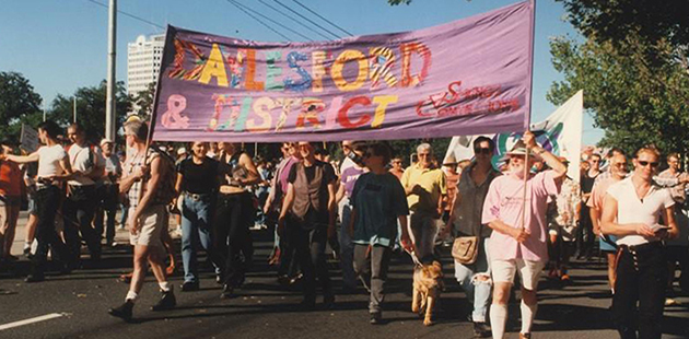 Springs Connections 'Daylesford and District' float in Pride March, 1997, photo by Virginia Selleck, Midsumma Collection, Australian Lesbian and Gay Archives (ALGA)