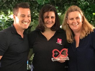 SGLMG Awards 2017 - Ann-Marie Calilhanna (centre) with SGLMG Co-Chairs Damien Hodgkinson and Fran Bowron - courtesy of Sydney Gay and Lesbian Mardi Gras