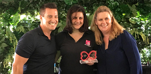 SGLMG Awards 2017 - Ann-Marie Calilhanna (centre) with SGLMG Co-Chairs Damien Hodgkinson and Fran Bowron - courtesy of Sydney Gay and Lesbian Mardi Gras