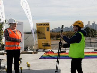 APN VPC Acting CEO Justine Dalla Riva live filming chair Jude Munro for the Topping Out ceremony webinar - photo by Serge Thomann