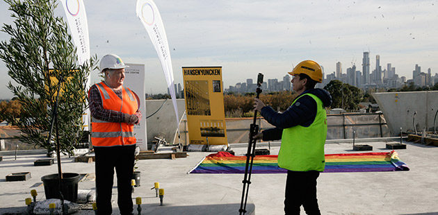 APN VPC Acting CEO Justine Dalla Riva live filming chair Jude Munro for the Topping Out ceremony webinar - photo by Serge Thomann