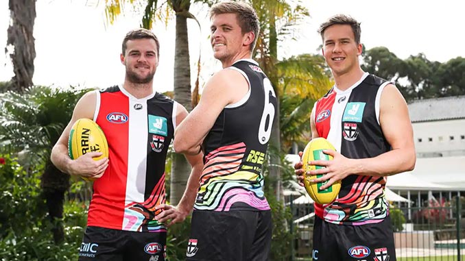 Brad-Crouch-Sebastian-Ross-and-Jack-Bytel-model-the-2021-St-Kilda-Pride-guernsey-photo-by-Corey-Scicluna