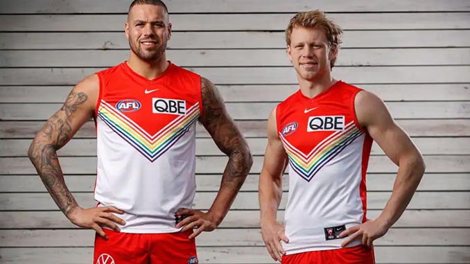 Lance-Franklin-and-Callum-Mills-wearing-the-new-Pride-guernsey-photo-by-Michael-Willson-AFL-Photos