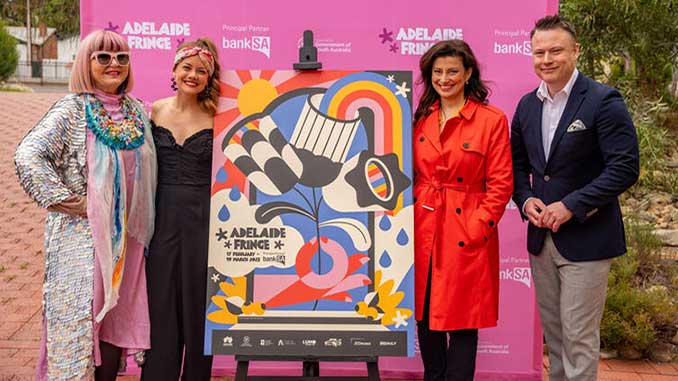Heather-Croall-Alana-Naylor-Minister-for-Arts-Andrea-Michaels-MP-and-Ben-Owen-at-the-2023-Adelaide-Fringe-Poster-reveal-photo-by-One-Cast-Media