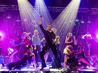 Ethan Churchill as Tony Manero and the Cast of Saturday Night Fever (Perth, 2024) – courtesy of Drew Anthony Creative